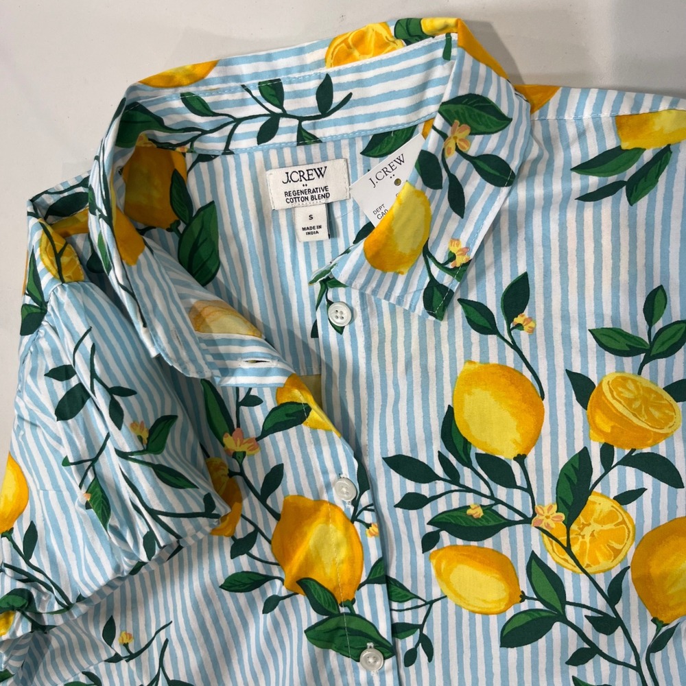 J Crew Lemon Print Button Down Shirt Women Small Striped Flutter Coastal NEW